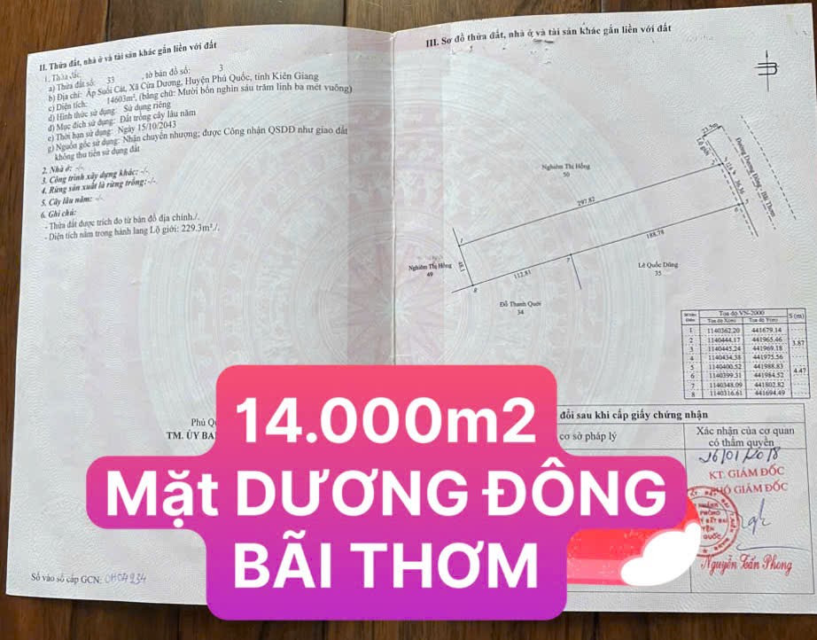 Bán đất 14603m² mặt tiền 50m Dương Đông Bãi Thơm giá 49,6 tỷ Đặc khu Phú Quốc