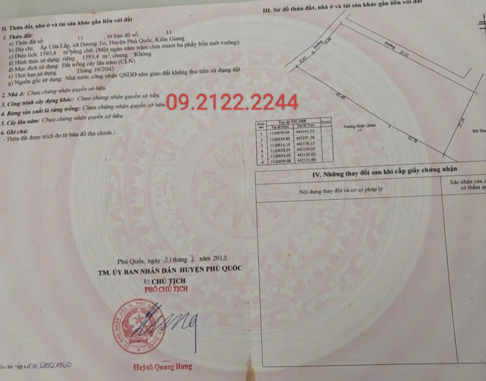 Bán đất 1593.4m² ngang 82m Cửa Lấp Dương Tơ giá 23,9 tỷ Đặc khu Phú Quốc