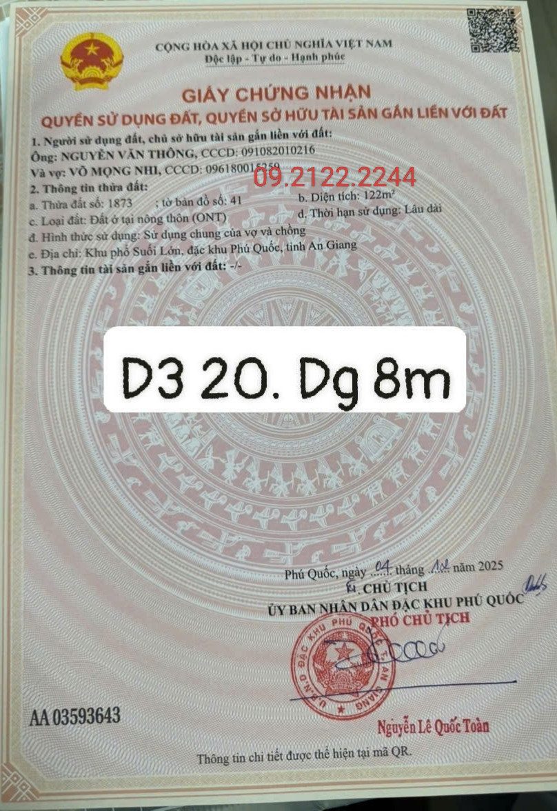 Bán đất 122m² full thổ cư ngang 6m TĐC Suối Lớn giá 3.15 tỷ tại Đặc khu Phú Quốc