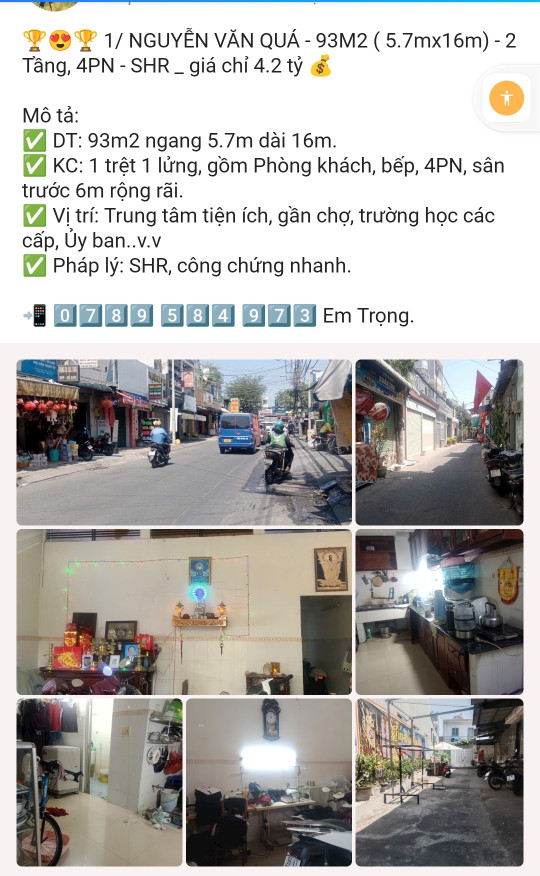 BÁN NHÀ 1/ NGUYỄN VĂN QUÁ, 93M2, 5.7x16, 2 Tầng, 4PN, SHR, chỉ 4.2Ty
