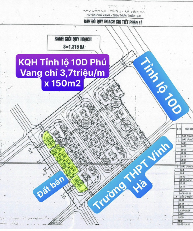 Bán đất KQH Phú Vang đường TL 10D cạnh trường cấp 3 Vinh Hà