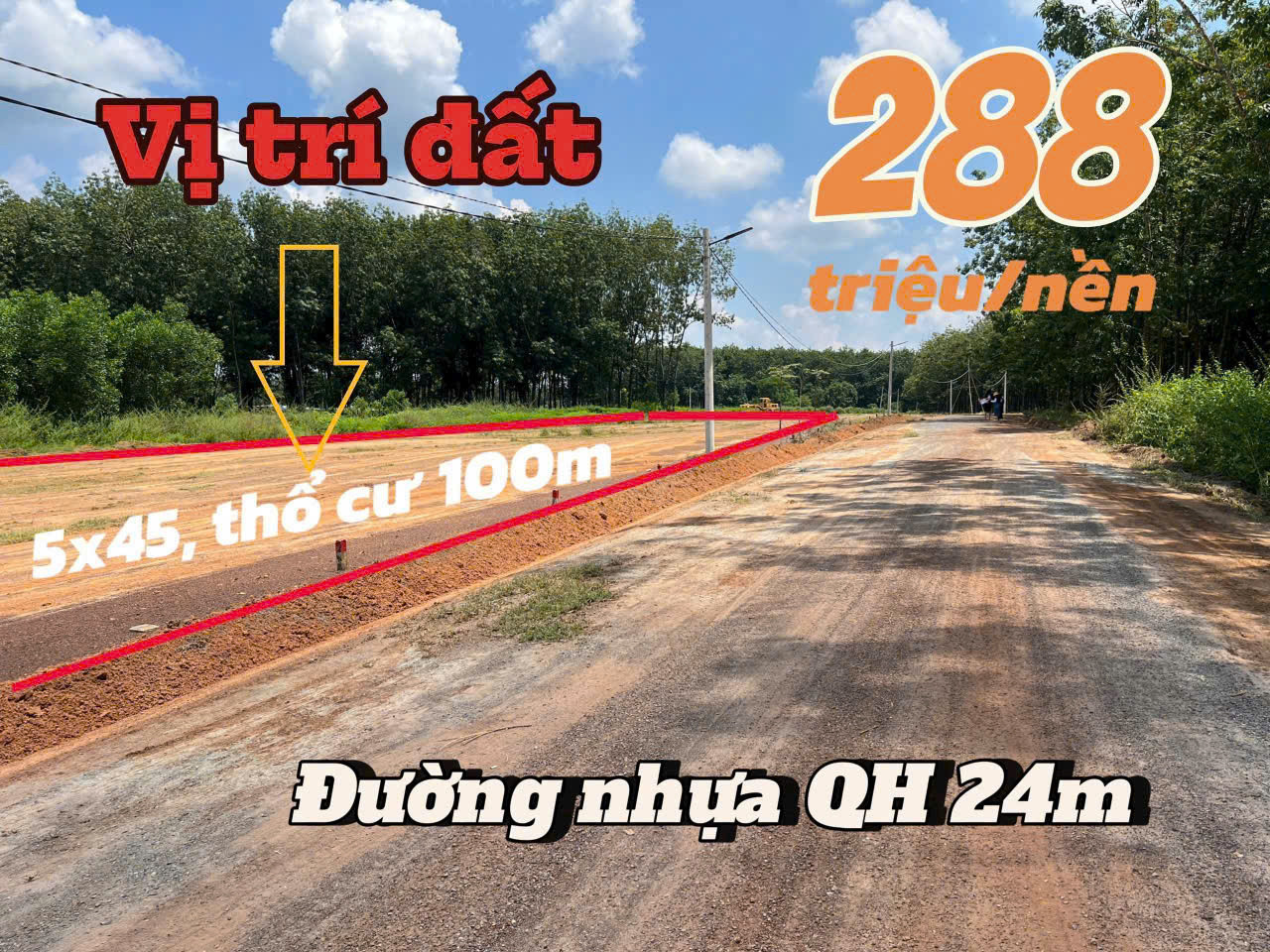 CHỈ 288 TRIỆU (GIÁ BAO SANG SỔ) CHO LÔ ĐẤT 225m2 CÓ 100m2 THỔ CƯ SỔ HỒNG SẴN.💥