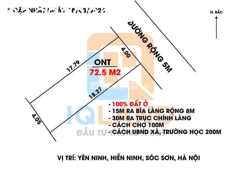 Bán 72,5m2 Yên Ninh - Hiền Ninh - Sóc Sơn. Đường thông 5m gần bìa làng