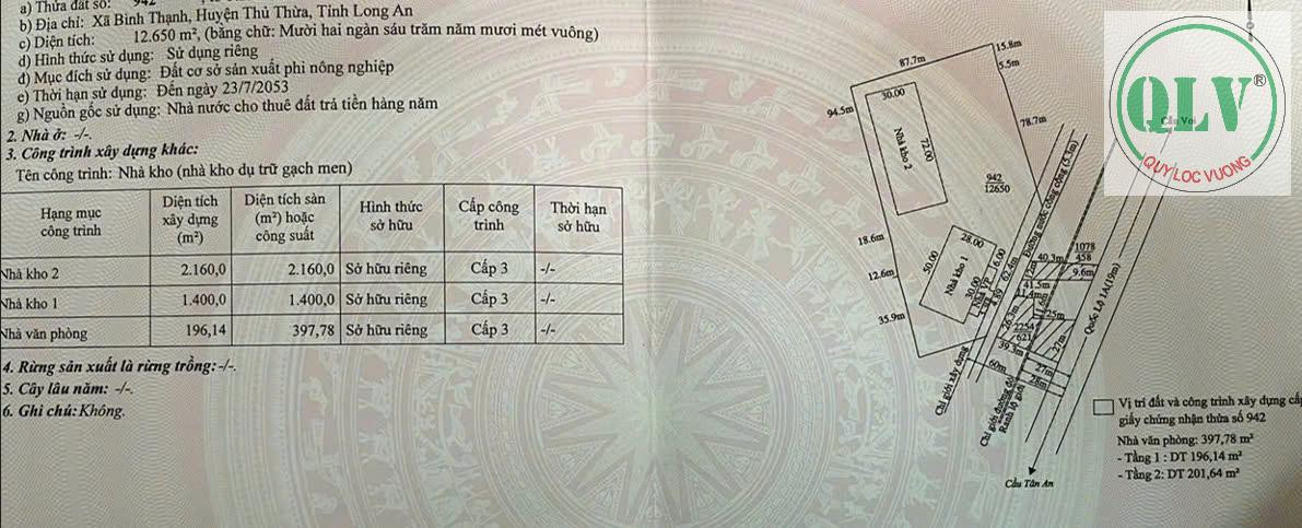 Xưởng bán/ cho thuê DT 12.650m2 có 2 kho và VP mặt tiền đường QL1A, Thủ Thừa, Long An.