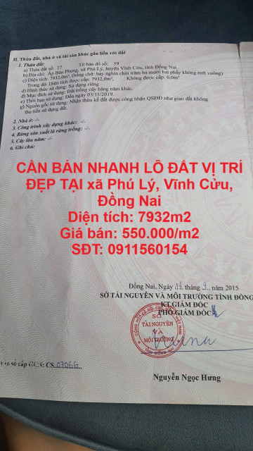 CẦN BÁN NHANH LÔ ĐẤT VỊ TRÍ ĐẸP TẠI xã Phú Lý, Vĩnh Cửu, Đồng Nai