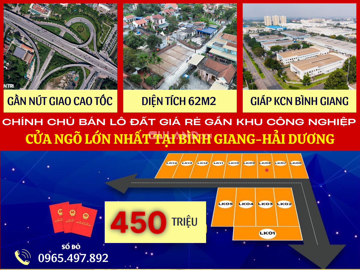 Giá chỉ 450 triệu có ngay lô đất gần khu công nghiệp Bình Giang Hải Dương.