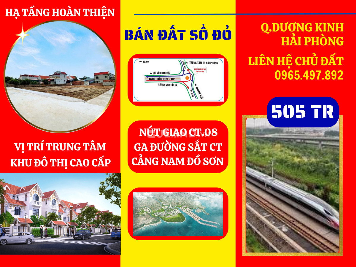 Cần bán gấp 2 lô đất sổ đỏ nằm ngay trung tâm kinh tế trọng điểm quận Dương Kinh HP, giá 505tr/lô.