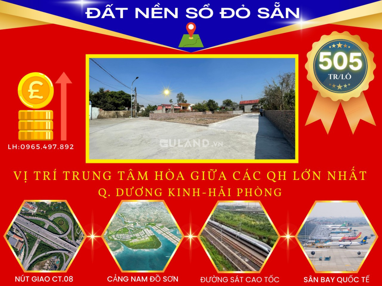 Bán lô đất sổ đỏ, giá 505tr nằm sát khu tái định cư trung tâm quận Dương Kinh HP