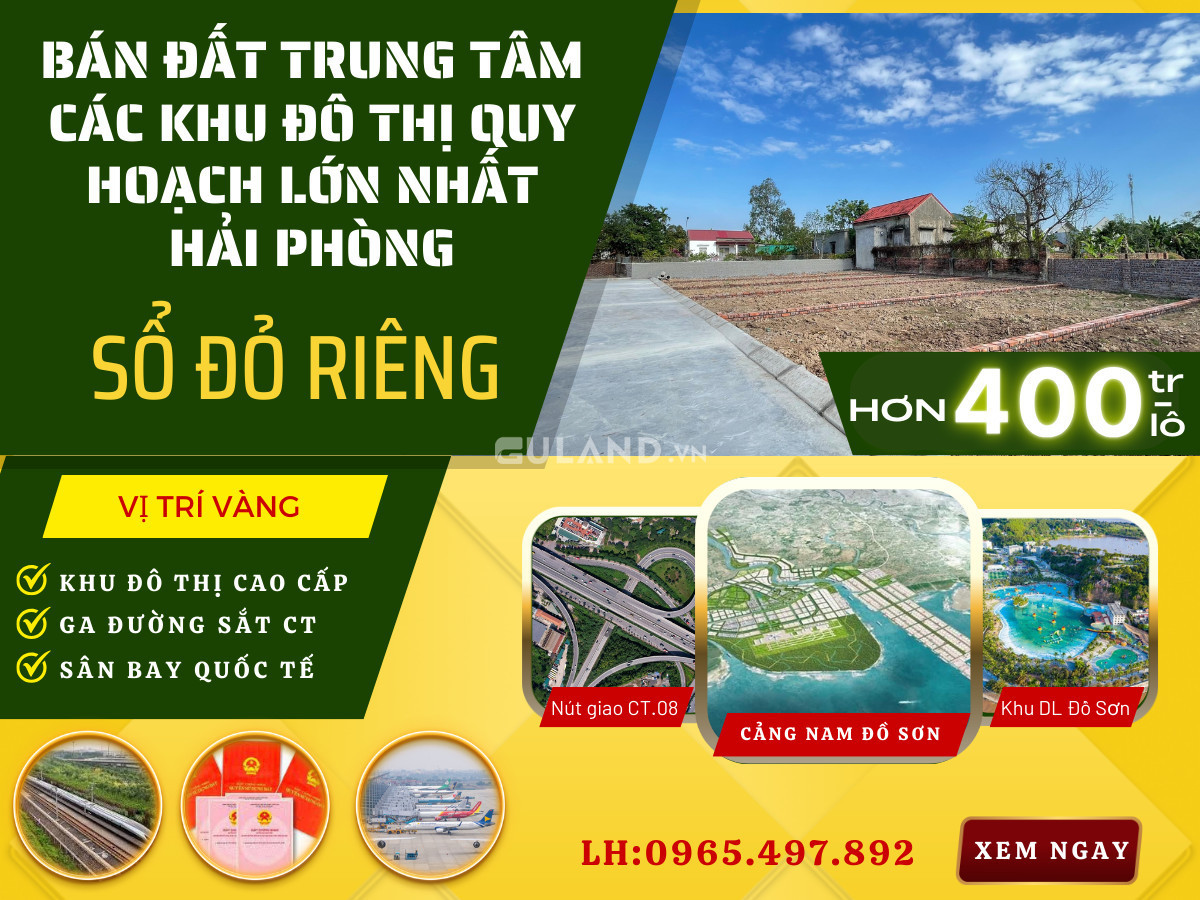 Cần bán gấp 2 lô đất sổ đỏ nằm ngay trung tâm kinh tế trọng điểm quận Dương Kinh HP, giá hơn 400tr/lô.