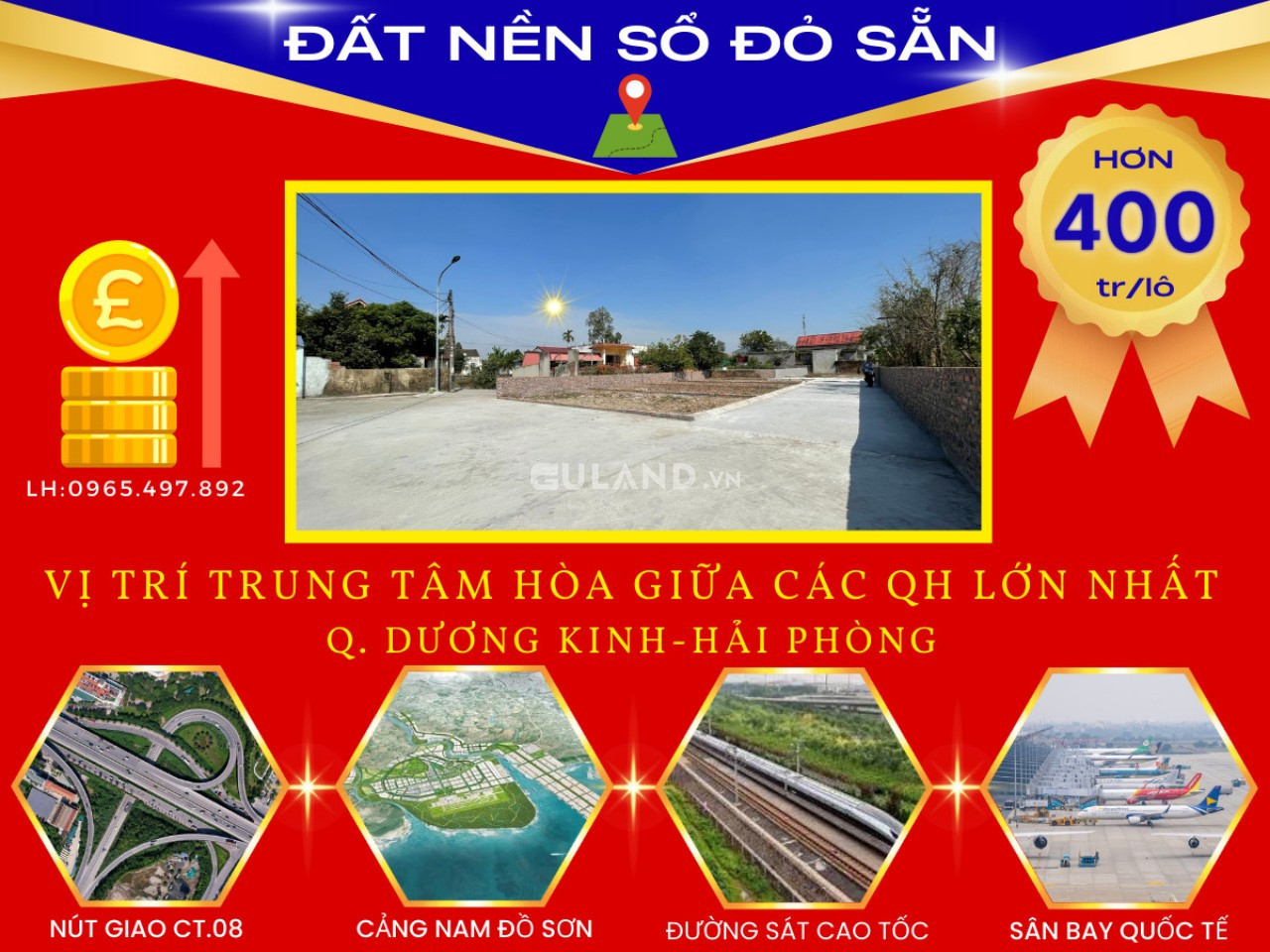 Bán lô đất sổ đỏ trung tâm quận Dương Kinh HP, giá hơn 400tr/lô bao phí ra sổ.