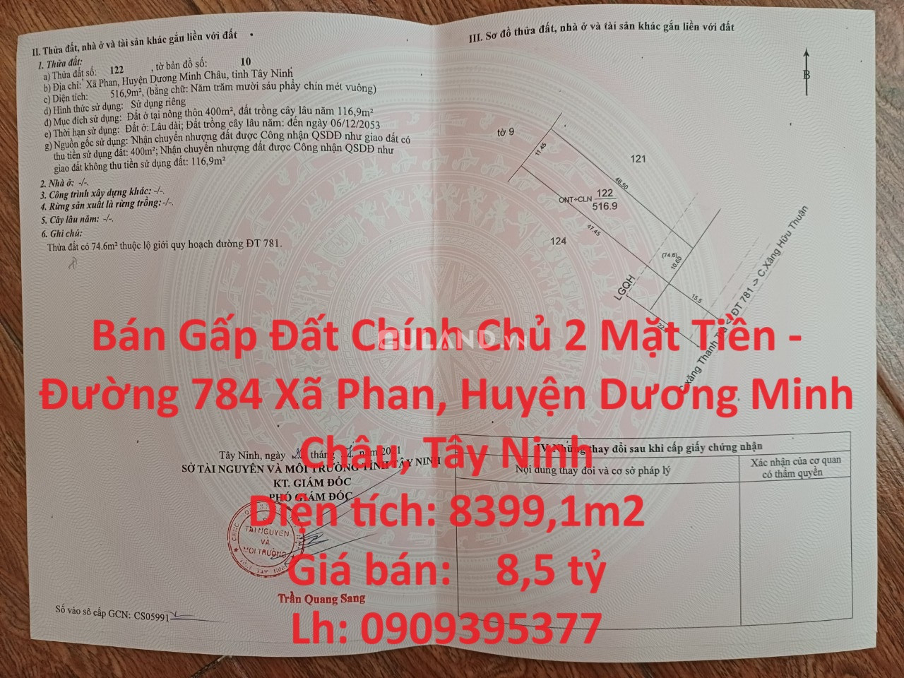 Bán Gấp Đất Chính Chủ 2 Mặt Tiền - Đường 784 Xã Phan, Huyện Dương Minh Châu, Tây Ninh