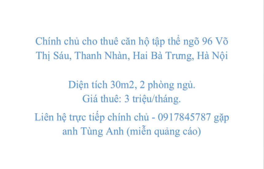 Chính chủ cho thuê căn hộ tập thể ngõ 96 Võ Thị Sáu, Thanh Nhàn, Hai Bà Trưng, Hà Nội