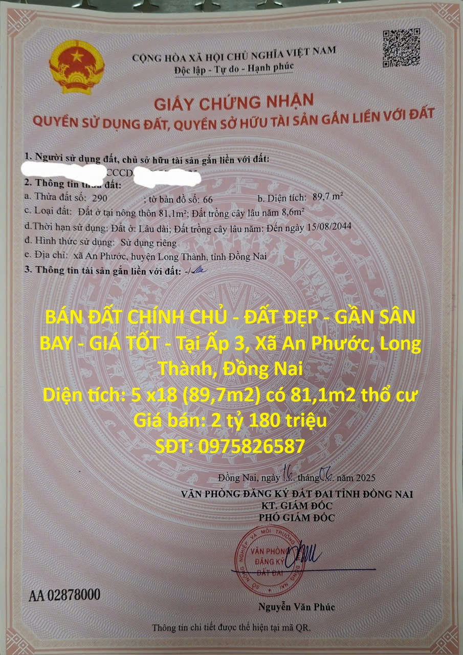BÁN ĐẤT CHÍNH CHỦ - ĐẤT ĐẸP - GẦN SÂN BAY - GIÁ TỐT - Tại khu trung tâm Long Thành, Đồng Nai.