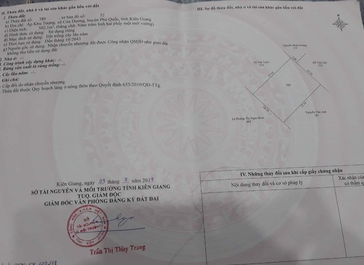 Bán  đất thương mại dịch vụ 502.1m² , giá 2.1 tỷ tại đường ấp khu tượng, Xã Cửa Dương, Thành phố Phú Quốc, Kiên Giang