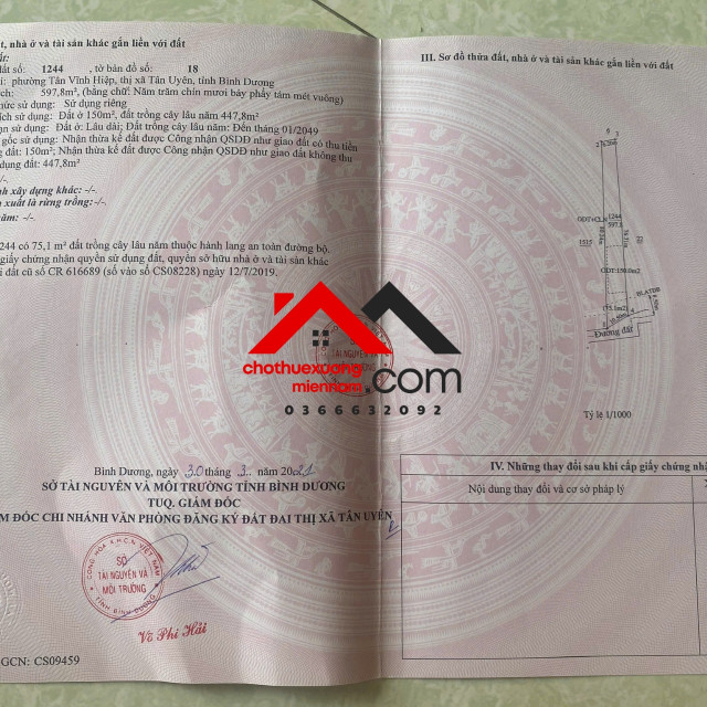 Bán đất Tân Vĩnh Hiệp Tân Uyên Bình Dương. Giá 3,4 tỷ/600m2 TL.Liên hệ: Chothuexuongmiennam.com - 0366632092