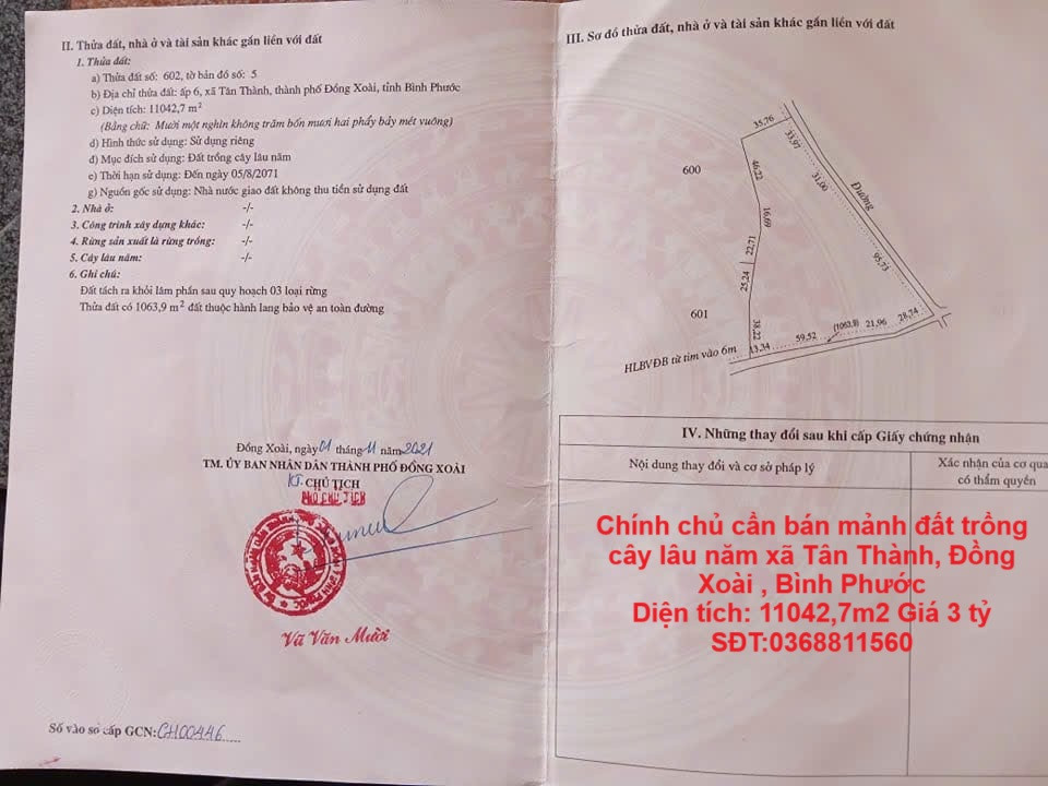 Chính chủ cần bán mảnh đất trồng cây lâu năm xã Tân Thành, Đồng Xoài , Bình Phước