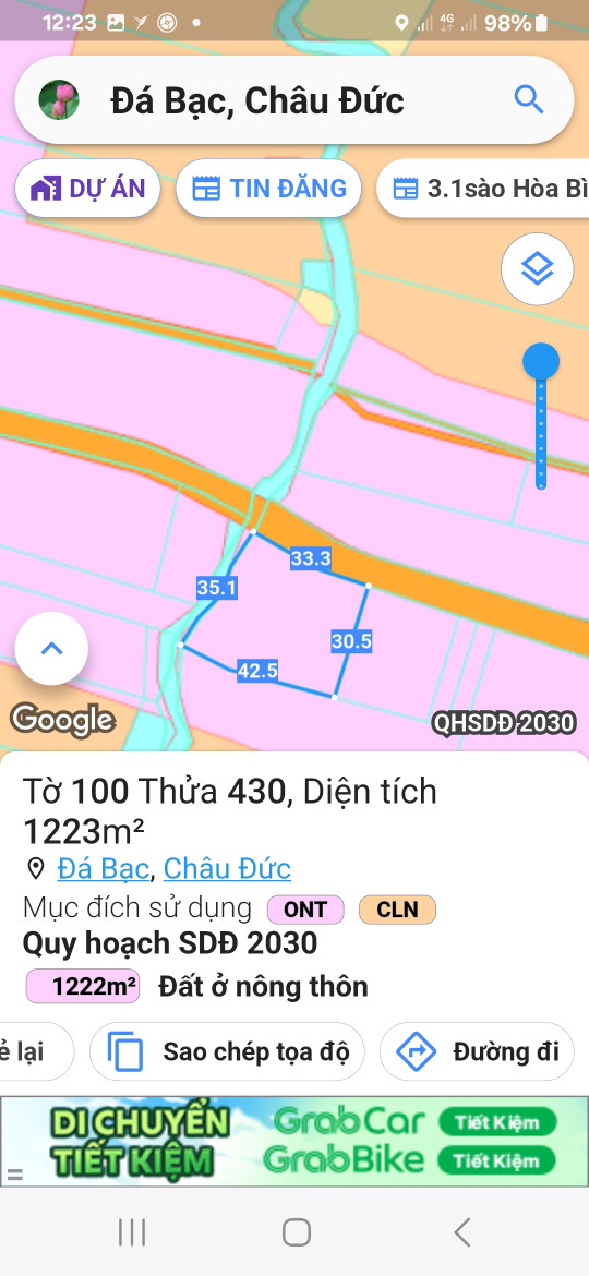 Đất thổ 1.222m2 thổ 140m2 * 33 x32 bình giã Đá bạc