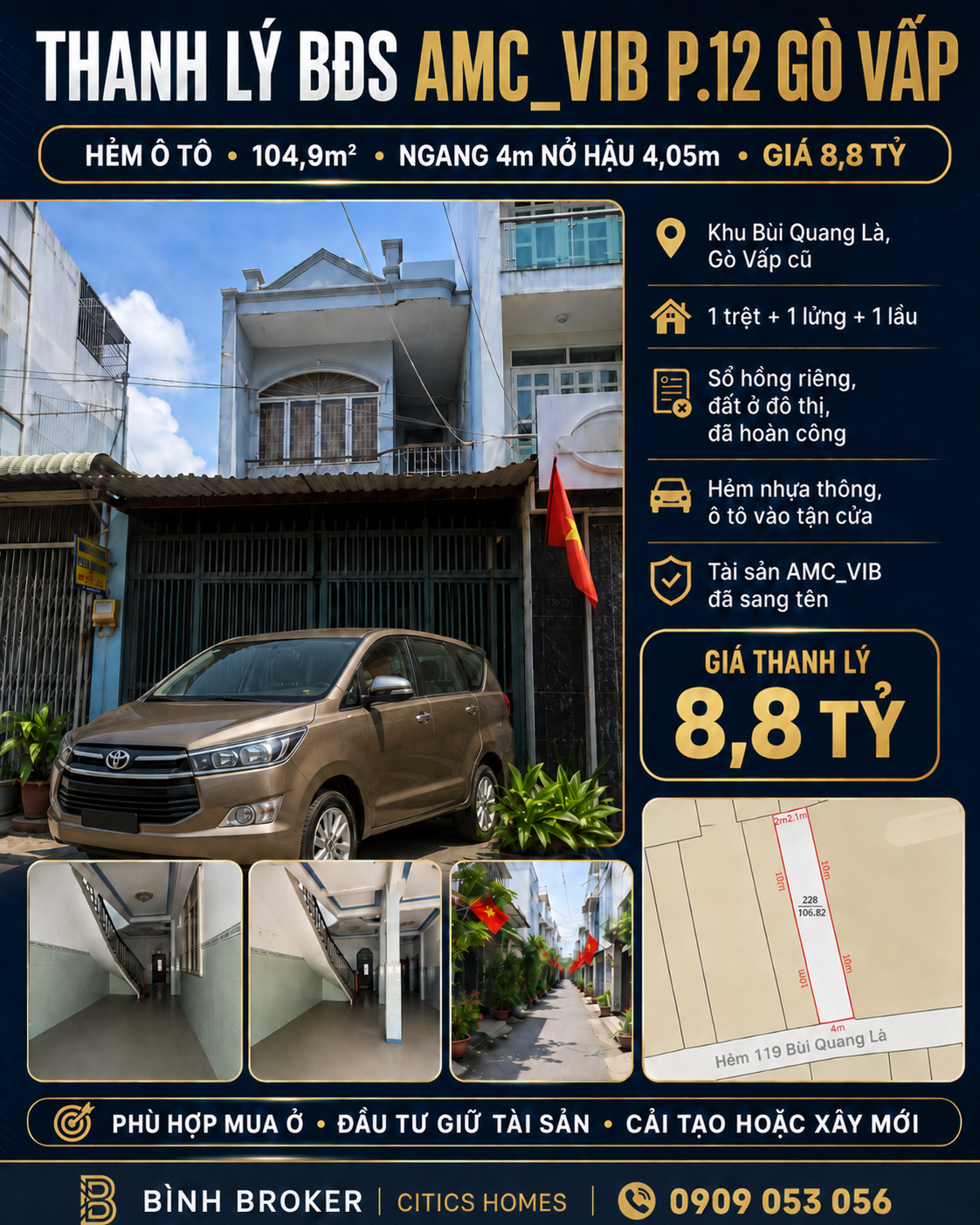 🔥 THANH LÝ BĐS AMC_VIB P.12 GÒ VẤP – HẺM Ô TÔ, 104,9M² NGANG 4M NỞ HẬU – GIÁ 8,8 TỶ
