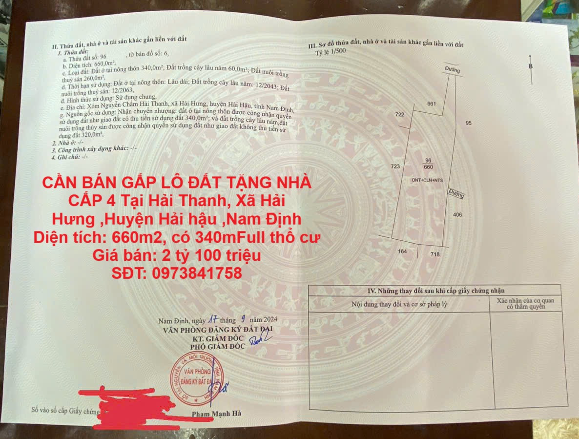 CẦN BÁN GẤP LÔ ĐẤT TẶNG NHÀ CẤP 4 Tại Hải Thanh, Xã Hải Hưng ,Huyện Hải hậu ,Nam Định