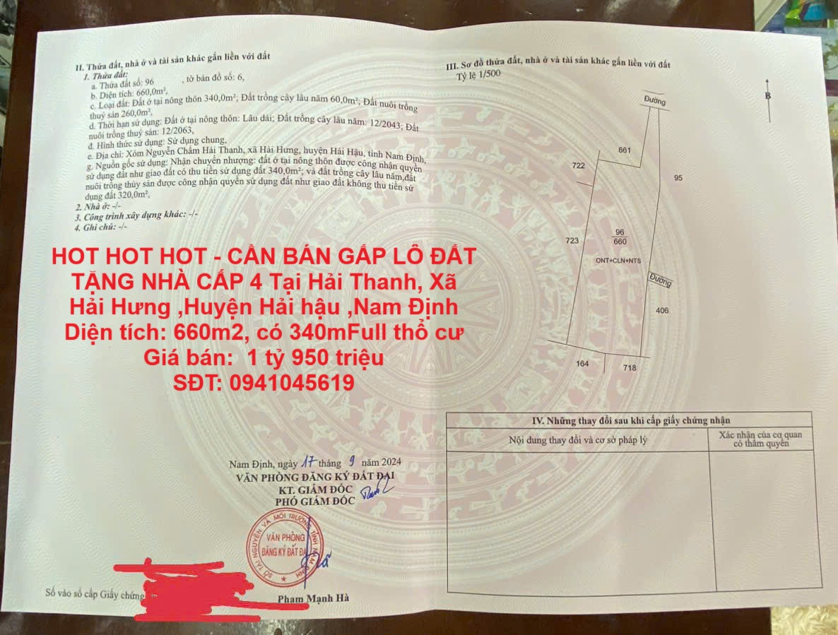HOT HOT HOT - CẦN BÁN GẤP LÔ ĐẤT TẶNG NHÀ CẤP 4 Tại Hải Thanh, Xã Hải Hưng ,Huyện Hải hậu ,Nam Định