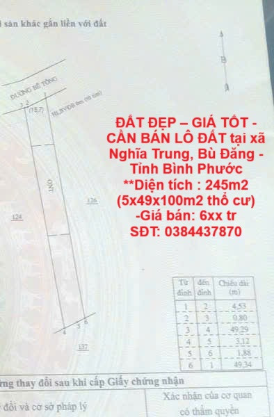 ĐẤT ĐẸP – GIÁ TỐT -  CẦN BÁN LÔ ĐẤT tại xã Nghĩa Trung, Bù Đăng - Tỉnh Bình Phước
