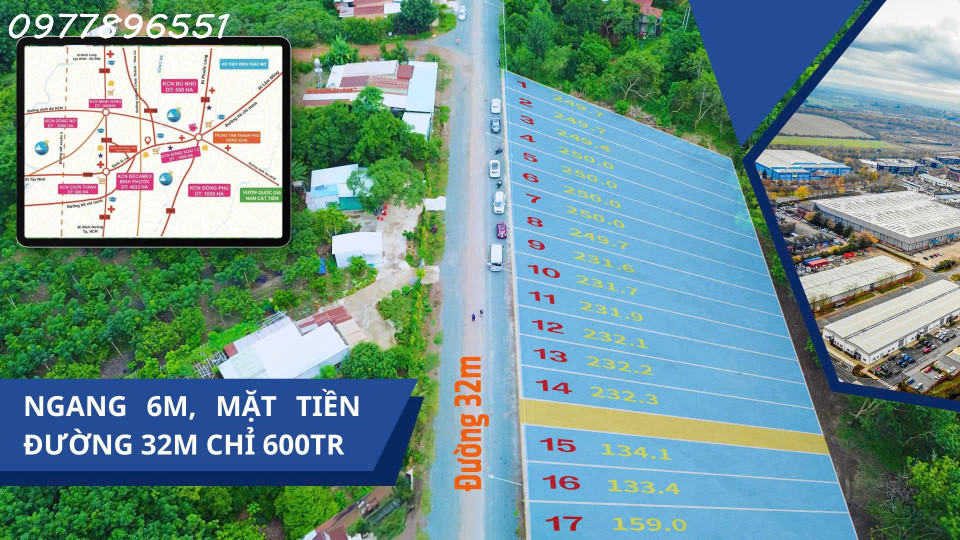 ĐẤT MẶT TIỀN ĐƯỜNG 32M - KẾ BÊN KCN - TẠI CHƠN THÀNH - BÌNH PHƯỚC