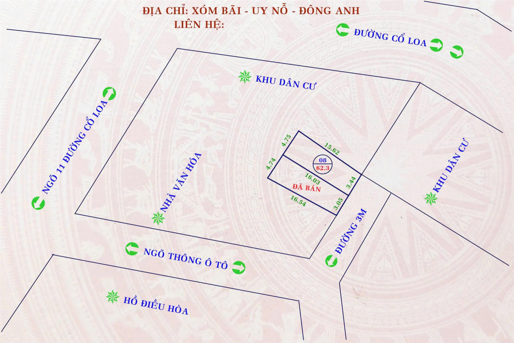 Chính chủ gửi bán nhanh 62.3m2 đất xóm Bãi, Uy Nỗ, Đông Anh giá chỉ 55 triệu/m2 rẻ hơn thị trường 10 giá