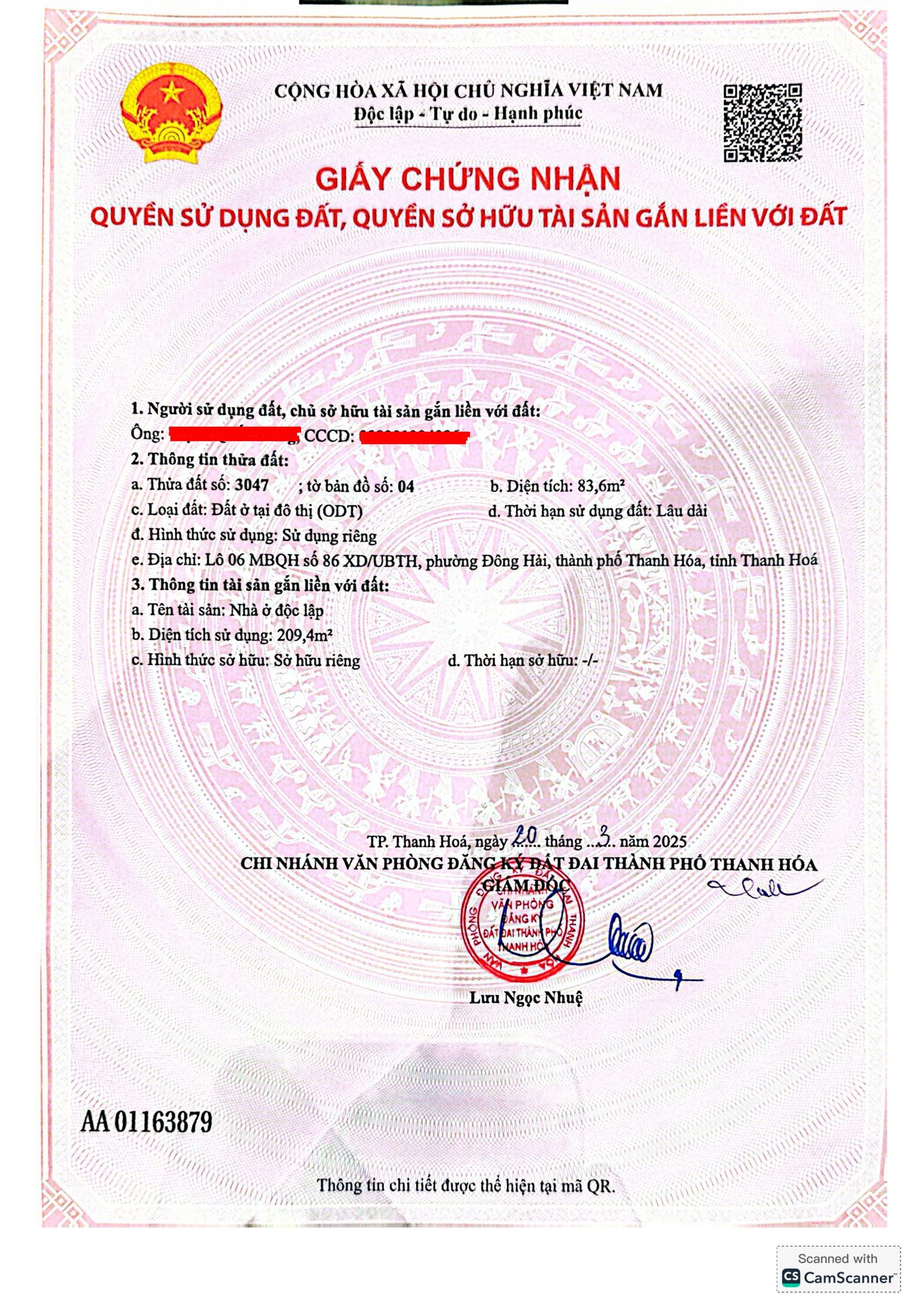 Bán nhà lô 06 MBQH số 86XD/UBTH, phường Đông Hải (nay là phường Hạc Thành), Thanh Hóa