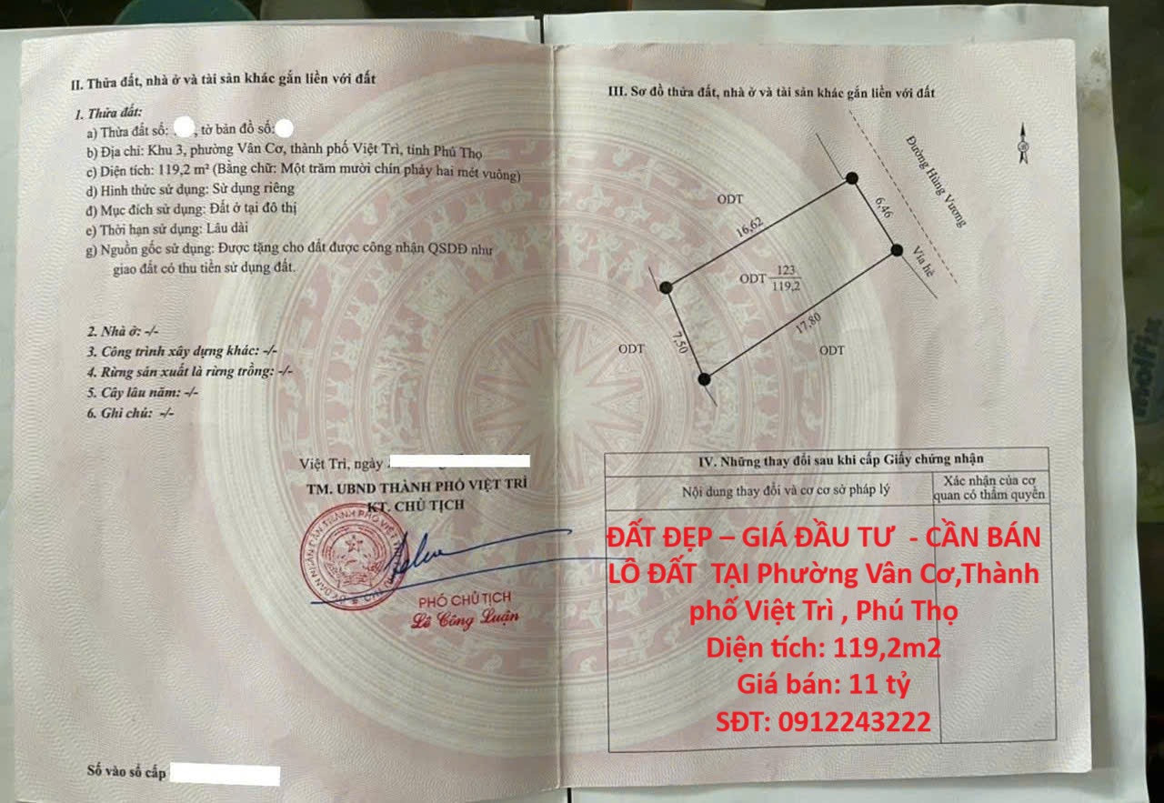 ĐẤT ĐẸP – GIÁ ĐẦU TƯ  - CẦN BÁN LÔ ĐẤT  TẠI Phường Vân Cơ,Thành phố Việt Trì , Phú Thọ