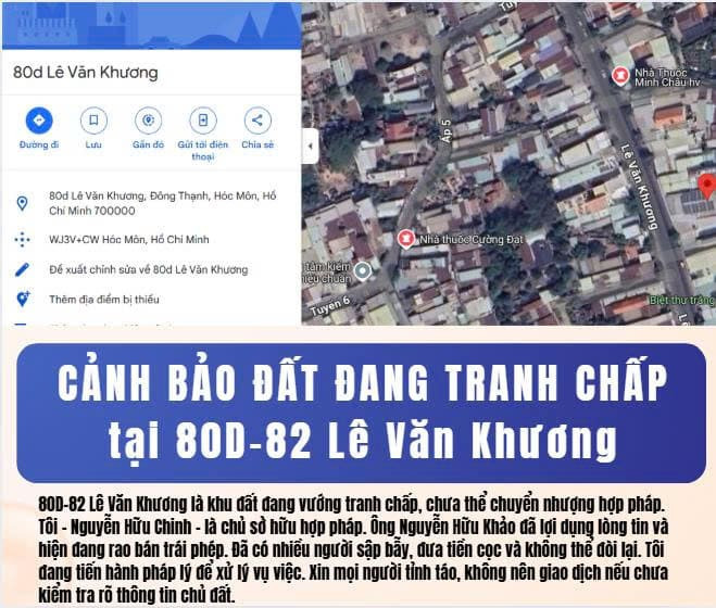 Tất cả các bài dùng 1 tiêu đề này: "CẢNH BÁO KHÔNG MUA BÁN ĐẤT TRANH CHẤP THỬA 397 80d 82 Lê Văn Khương, xã Đông Thạnh, huyện Hóc Môn, TP Hồ Chí Minh"