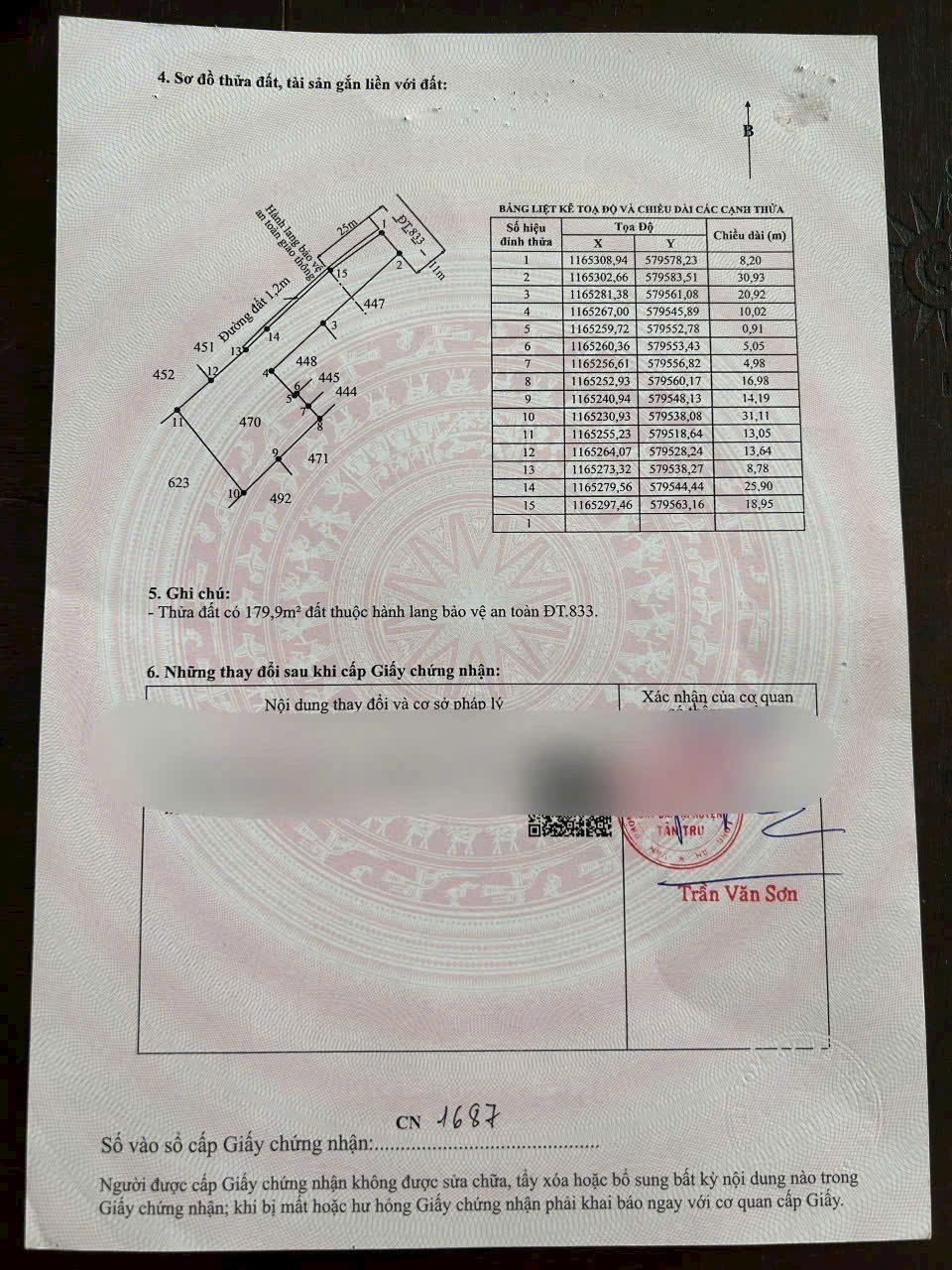 Bán đất tặng nhà cấp 4 hoàn công ĐT 833 tdt 1916m2 ( 300m2 thổ ) Bình Lãng , Tân Trụ giá 6,5 tỷ