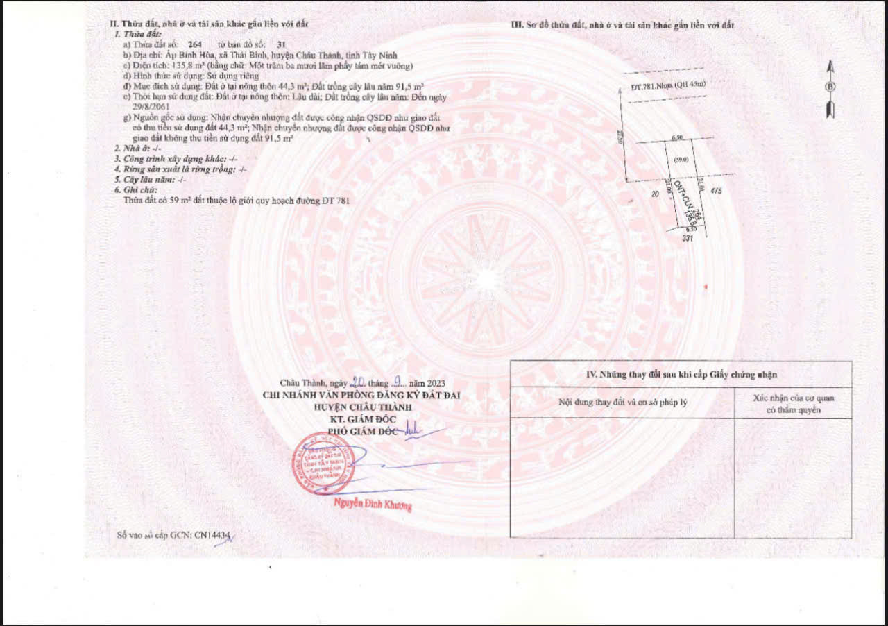 Bán lô đất 2861m2 Đường 781, Xã Thái Bình, Châu Thành, Tây Ninh