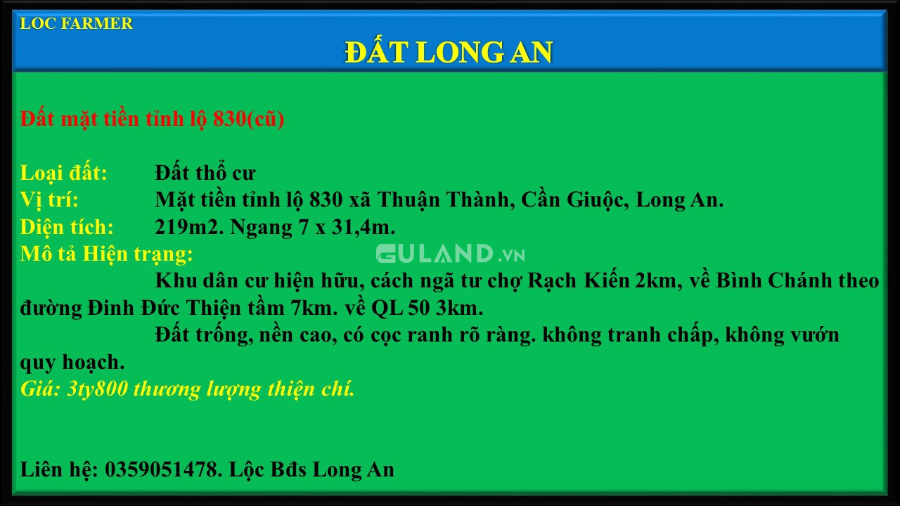 Bán 220m thổ tại đường tỉnh 830, Cần Giuộc, Long An