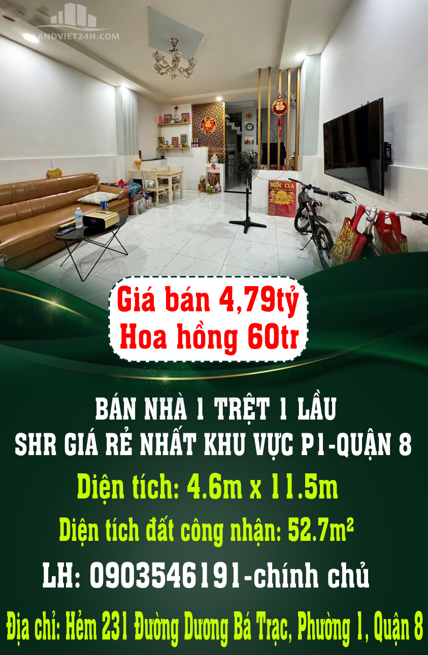 CHÍNH CHỦ BÁN NHÀ 1TRỆT 1LẦU SHR GIÁ RẺ NHẤT KHU VỰC P1-QUẬN 8