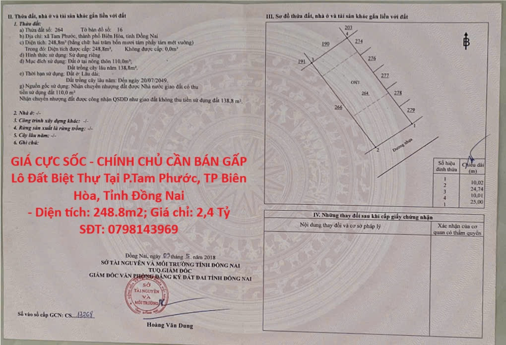 GIÁ CỰC SỐC - CHÍNH CHỦ CẦN BÁN GẤP Lô Đất Biệt Thự Tại P.Tam Phước, TP Biên Hòa, Tỉnh Đồng Nai