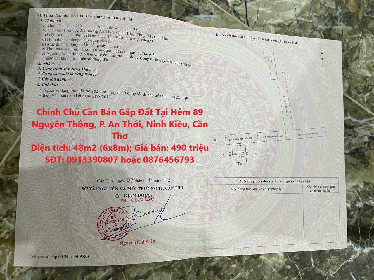 Chính Chủ Cần Bán Gấp Đất Tại Hẻm 89 Nguyễn Thông, P. An Thới, Ninh Kiều, Cần Thơ
