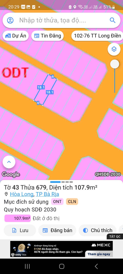 Bán đất 108m² ngang 6m giá 2.38 tỷ Phường Tam Long