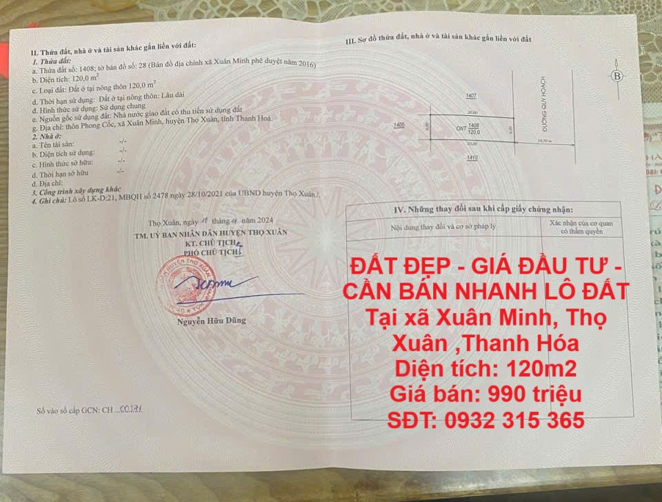 ĐẤT ĐẸP - GIÁ ĐẦU TƯ - CẦN BÁN NHANH LÔ ĐẤT Tại xã Xuân Minh, Thọ Xuân ,Thanh Hóa