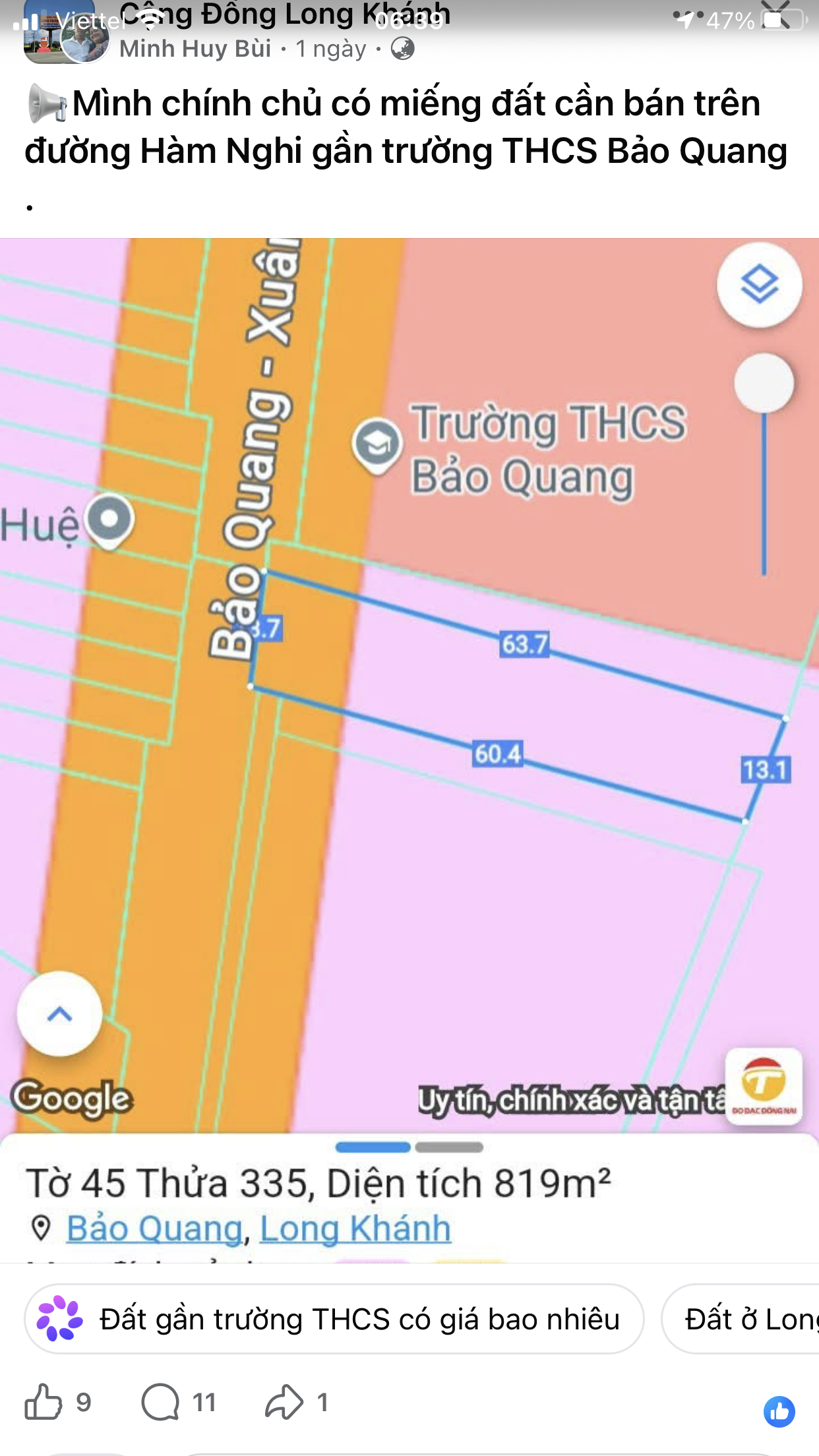 Bán đất 1080.5m² có sẵn 100m² thổ cư ngang 13,7mm giá 4 tỷ tại Đường Hàm Nghi Phường Bảo Vinh