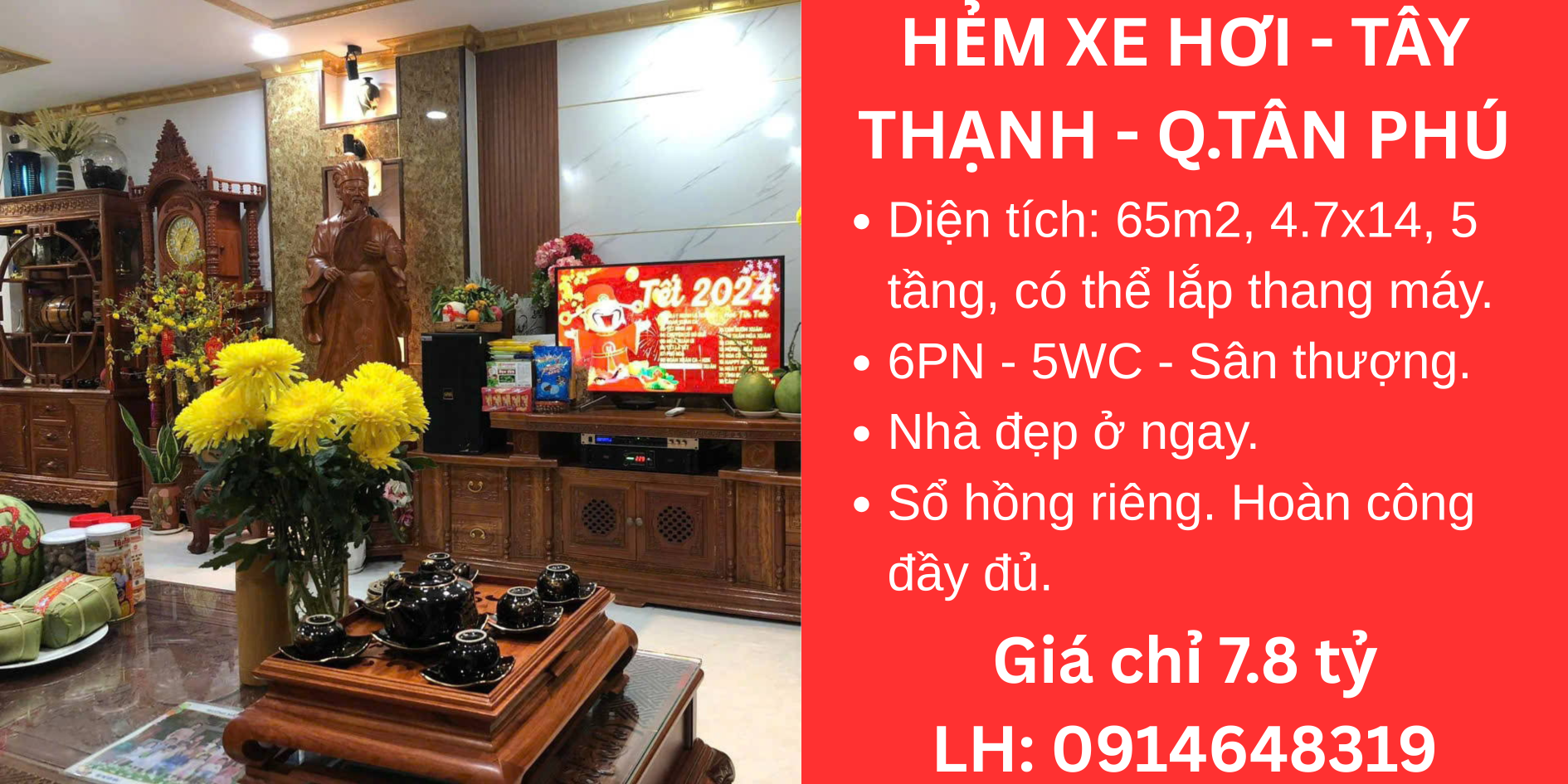 Bán nhà 5 tầng Tây Thạnh Tân Phú, 65m², 6PN, hẻm ô tô, sổ hồng riêng, hoàn công đủ