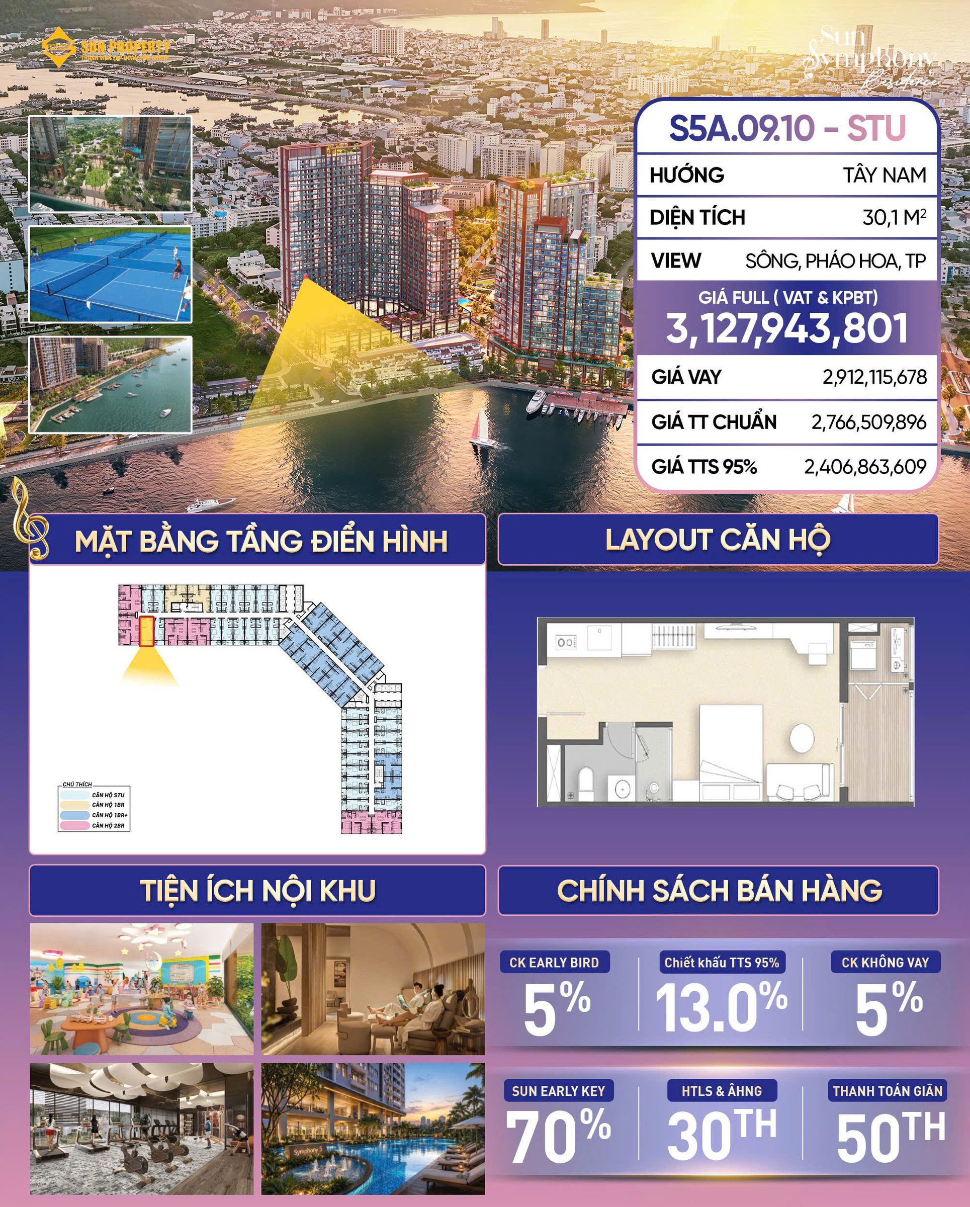 Bán căn Studio view sông view pháo hoa thuộc dự án Sun Symphony 5 ven sông Hàn