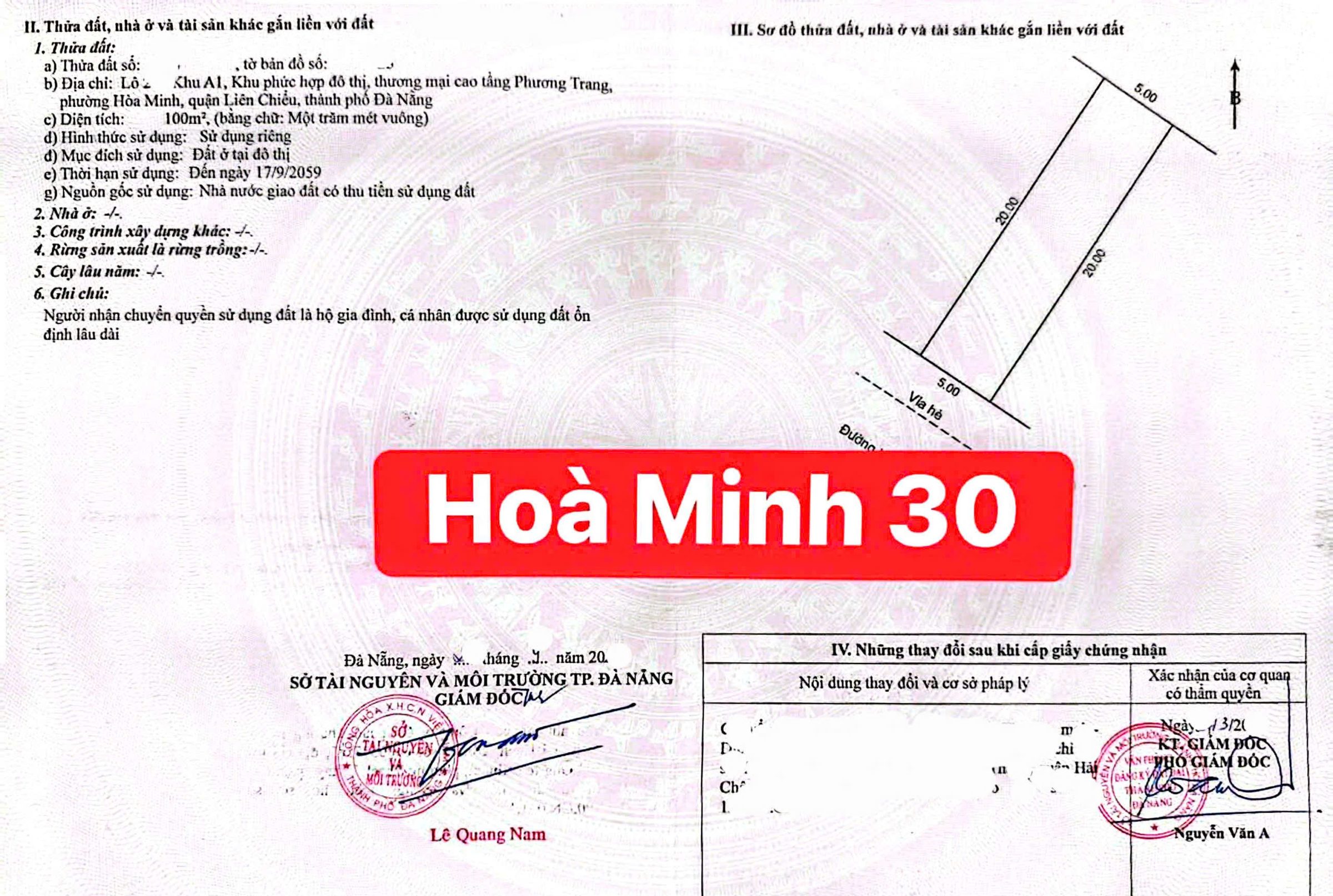 Chào bán lô ĐẤT ĐẸP, sát Góc Ngã 4 - Đường Hoà Minh 30 (A1 PHƯƠNG TRANG)