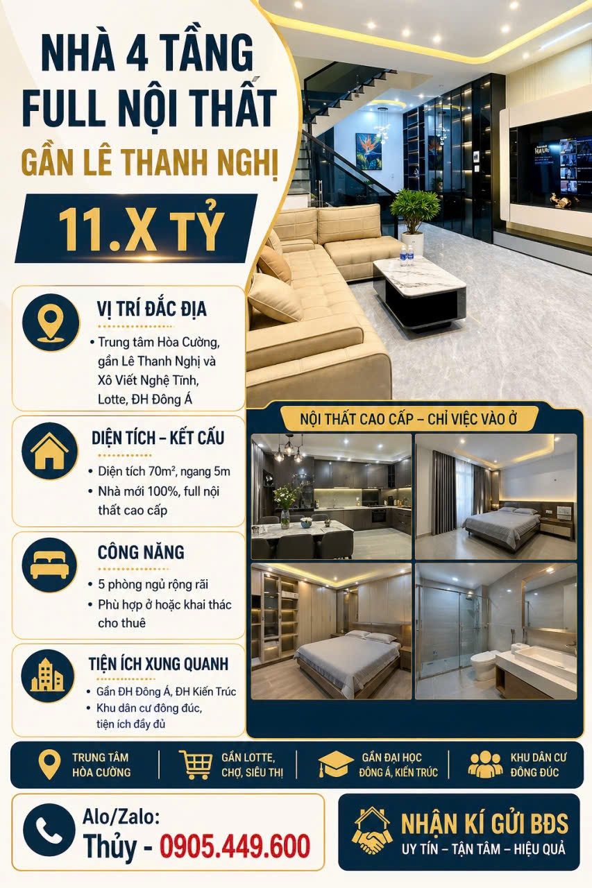 NHÀ PHỐ 4 TẦNG- MỚI CĂNG FULL NỘI THẤT- PHỐ HUY CẬN TRUNG TÂM HÒA CƯỜNG GẦN LOTTE