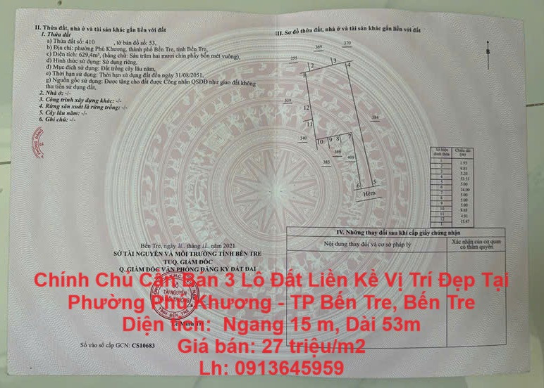 Chính Chủ Cần Bán 3 Lô Đất Liền Kề Vị Trí Đẹp Tại Phường Phú Khương - TP Bến Tre, Bến Tre