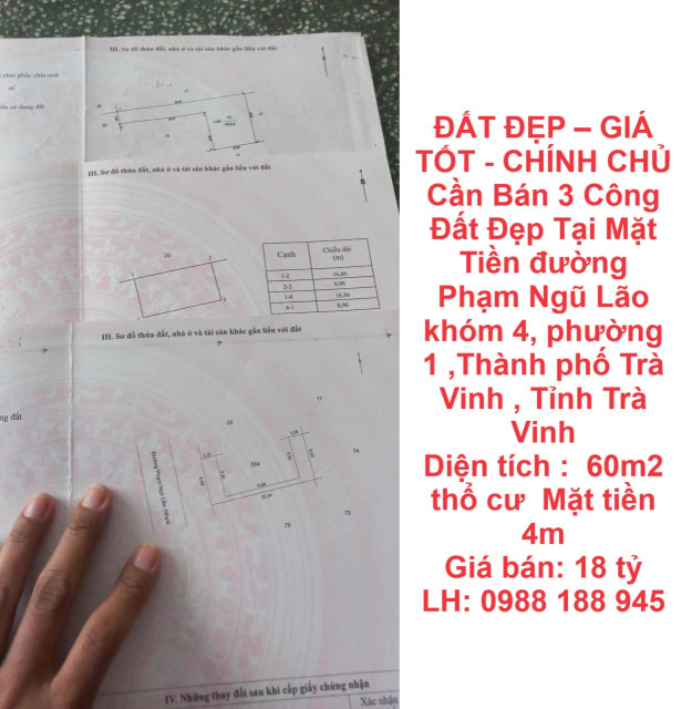 ĐẤT ĐẸP – GIÁ TỐT - CHÍNH CHỦ Cần Bán 3 Công Đất Đẹp Tại Mặt Tiền đường Phạm Ngũ Lão