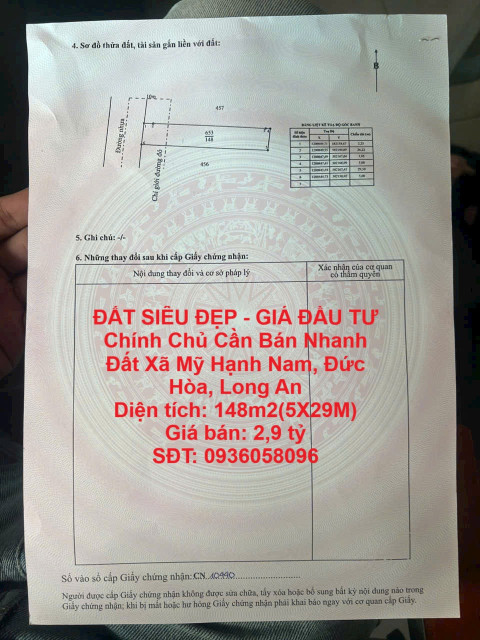 ĐẤT SIÊU ĐẸP - GIÁ ĐẦU TƯ Chính Chủ Cần Bán Nhanh Đất Xã Mỹ Hạnh Nam, Đức Hòa, Long An