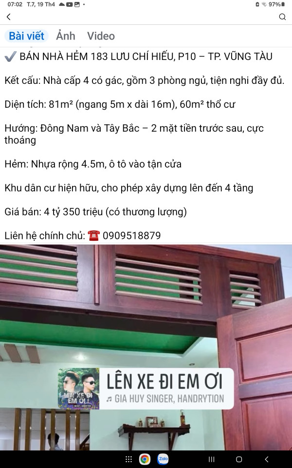 Bán nhà mặt tiền đường hẻm 183 đường Lê Thị Hiếu phường 10 thành phố Vũng Tàu