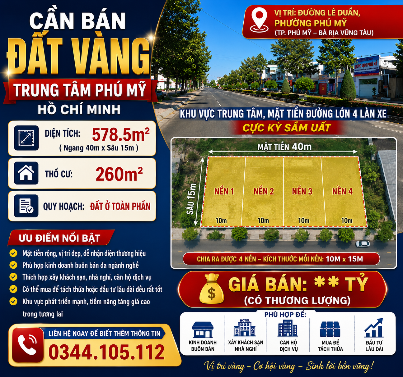 Bán đất 574.4m² có sẵn 260m² thổ cư ngang 40m  tại Đường Lê Duẩn Phường Phú Mỹ