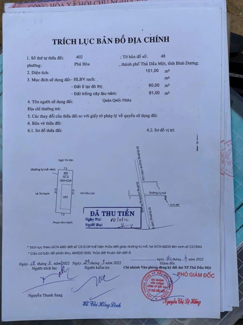 Đất Phú Hòa : 7,2 x 21 thổ cư 60, 1 xet Lê hồng Phong