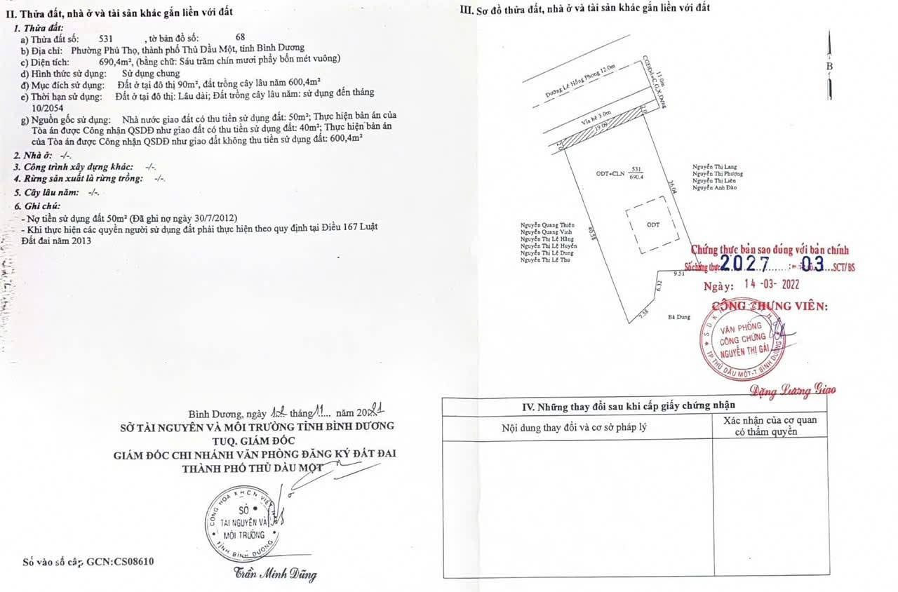 Bán đất 700m² có sẵn 90m² thổ cư ngang 19m giá 27500 tỷ tại Đường Lê Hồng Phong Phường Thủ Dầu Một